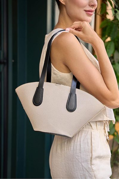 Madamra Shopper-Tasche aus Canvas in Lederoptik für Damen - Cremeschwarz