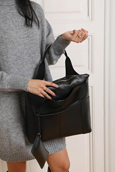 Madamra Schwarze Damen-Hand- und Umhängetasche mit Seitentaschen und Brieftaschendetail