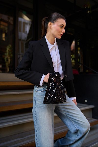 Madamra Schwarze große Paillettenhandtasche für Damen