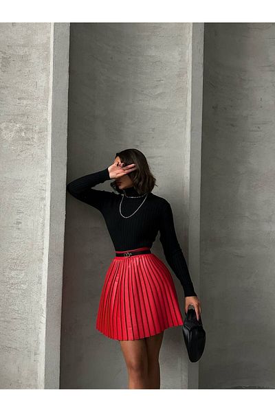 POZİGİ Pleated Faux Leather Mini Skirt