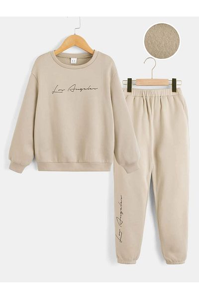 LePold Set de pantaloni de trening oversize pentru fete/băieți, cu 3 fire, fund bej, bej, imprimat Los Angeles