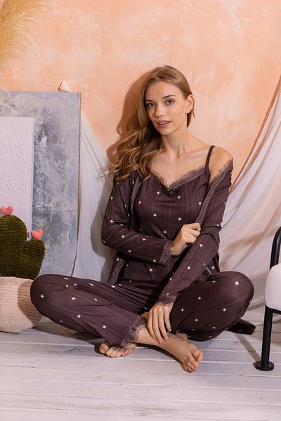 nisaNCa Lace Detailed Pegasus Women's Pajamas Set with Dressing Gown - Dowry Set - Large Size Range