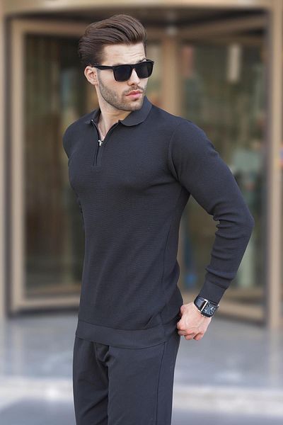 Madmext Men's Polo Collar Zippered Long Sleeve Sweater 7240
