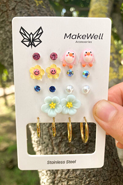 MakeWell أقراط من الفولاذ غير قابلة للتشويه، أقراط من الفولاذ بتصميم البطريق والبابونج والزهور