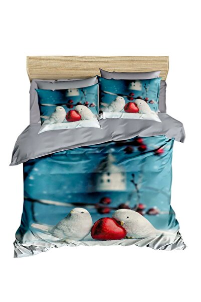 Fabeteks White Birds and Red Heart 3D Digital Double Duvet Cover Set