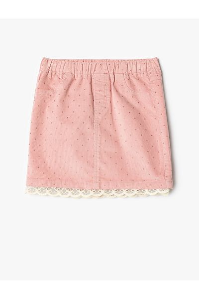 Koton Cotton Velvet Skirt - Glitter, Elastic Waist, Lace Detail