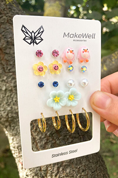 MakeWell أقراط من الفولاذ غير قابلة للتشويه، أقراط من الفولاذ بتصميم البطريق والبابونج والزهور