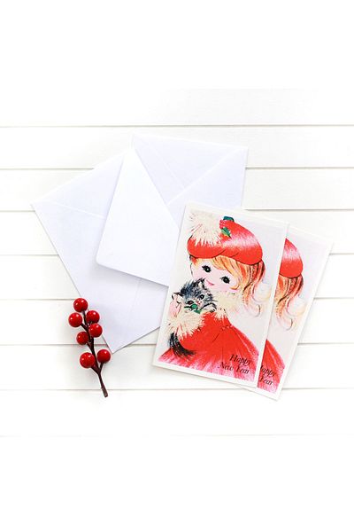 Bimotif 10-piece New Year's Postcard-envelope Set - Girl with Cat