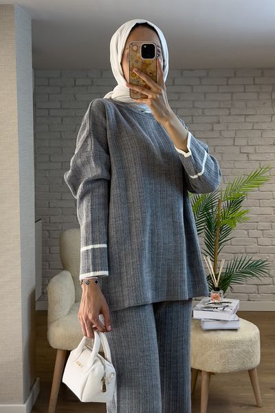 Salih Çelebi 7114 Stripe Detailed Knitwear Set - Gray