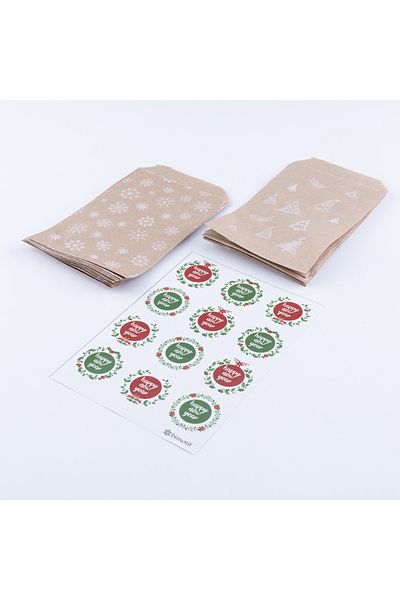 Bimotif 20 Pieces of Pine and Snow Patterned Paper Bag - Happy New Year Sticker Set (11x20 cm)