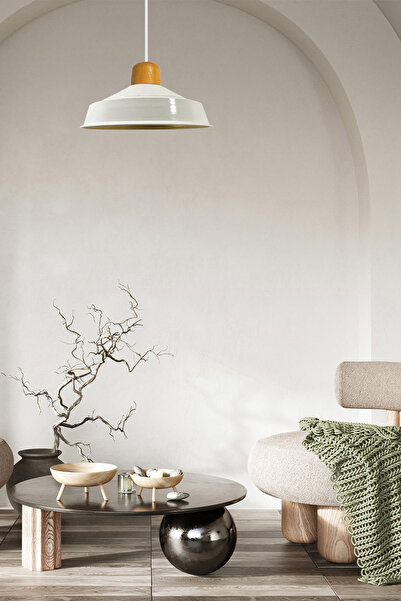 Bamyum Asaletli Beyaz Tekli Avize Ahşap Başlık Retro Sarkıt Lamba Restoran Salon Aydınlatma