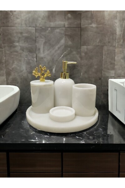 Urestone طقم حمام رخام 5 قطع - إكسسوارات ذهبية