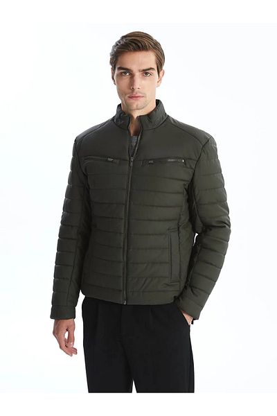 LC Waikiki Ανδρικό δερμάτινο παλτό LCW Vision Khaki Slim Fit Stand Collar