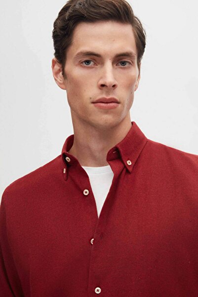 D'S Damat Πουκάμισο με κανονική εφαρμογή μπορντό απλό χειμωνιάτικο φανελένιο πουκάμισο