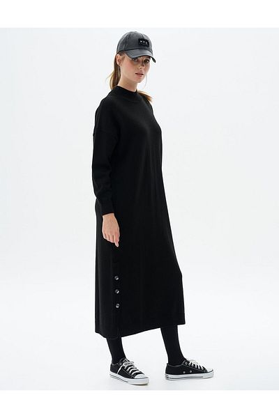 Kayra Button Detailed Knitwear Dress Navy Blue
