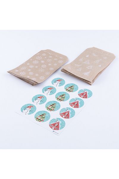 Bimotif 20 pcs Pine and Snow Patterned Paper Bag - Floral Christmas Shaped Sticker Set (11x20 cm)