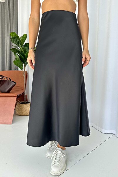 Mine Tan Butik Fusta lungă de damă din satin - neagră