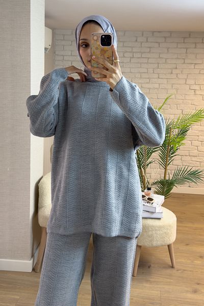 Salih Çelebi 7113 Stripe Pattern Knitwear Set - Gray
