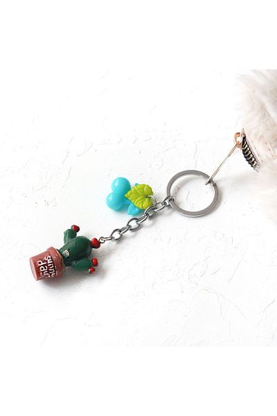 Bimotif Cactus Keychain with Blue Fruit and Coffee Pot, Red Hearts