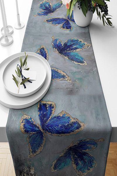 on the clouds Blue Butterfly Vintage Țesătură rezistentă la pete Sufragerie Bucătărie Masă Diverse Rander Modele Runner