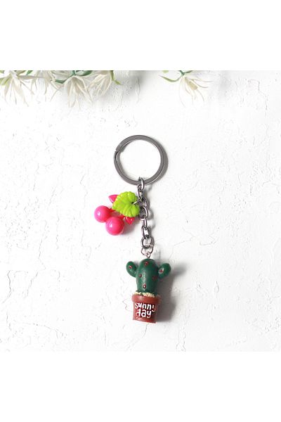 Bimotif Cactus Keychain with Pink Fruits and Coffee Pot, Red Spots