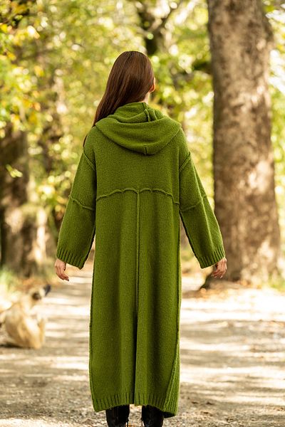 VerdeBlanco Khaki Colored Long Flowing Hooded Shawl Collar Cardigan