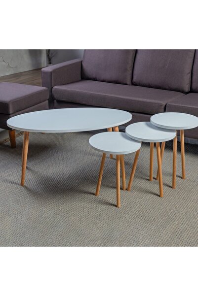 Home Canvas Elips Made In Turkey Modern Coffee Table And Nest Of Three Table Set Wood Legs - White
