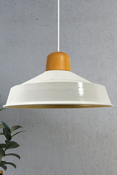 Bamyum Asaletli Beyaz Tekli Avize Ahşap Başlık Retro Sarkıt Lamba Restoran Salon Aydınlatma