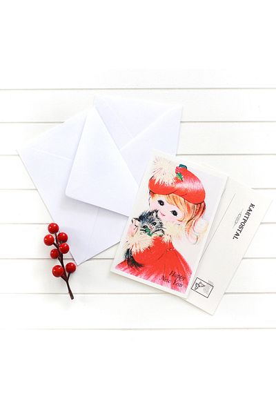 Bimotif 10-piece New Year's Postcard-envelope Set - Girl with Cat