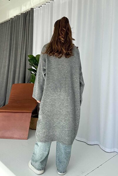 Mine Tan Butik Ζακέτα με μακρύ πλεκτό γιακά σάλι - Γκρι