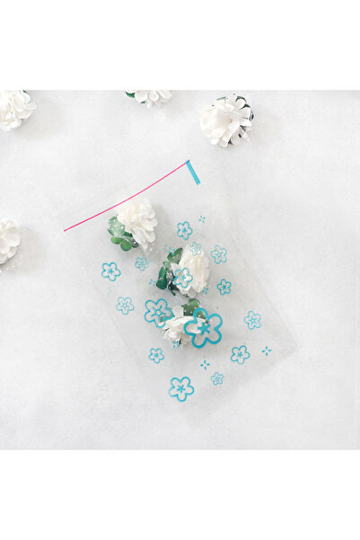 Bimotif Mavi Çiçek Desenli Bantlı Şeffaf Poşet 10x15 Cm (100 ADET)