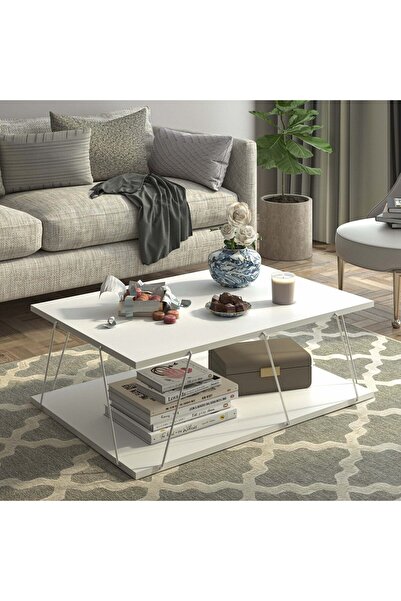 Home Canvas Made In Turkey Tars Modern Coffee Table for Living Room, Easy Assembly - White and Chrome