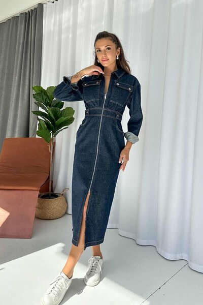 Mine Tan Butik Rochie din denim cu mânecă lungă, cu fermoar și talie - bleumarin