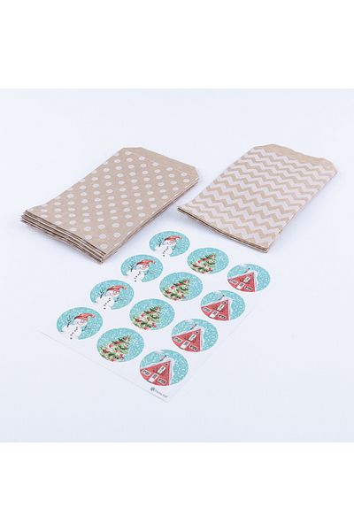 Bimotif 20 paper bags with polka dots and zigzags - Christmas shaped sticker with flowers (11x20 cm)