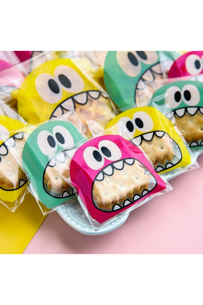 Bimotif Karışık canavar desenli bantlı şeffaf poşet, 10x15 cm 5 adet