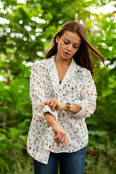 VerdeBlanco Dijital Çiçek Baskılı Uzun Kollu Relax Gömlek