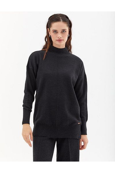 Kayra Black Knitwear Tunic - with Stitching Detail