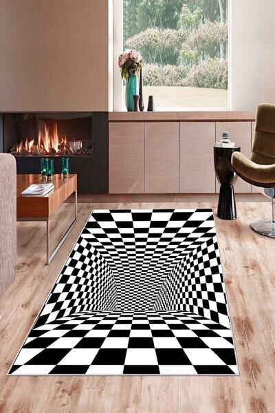 Pelangi Siyah Beyaz Dama Desenli 3d Yıkanabilir Kaymaz Taban Leke Tutmaz Mode...