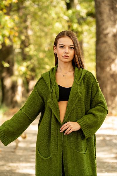 VerdeBlanco Khaki Colored Long Flowing Hooded Shawl Collar Cardigan