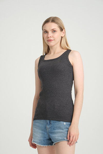 AMAZING CRASH Fitted Vücuda Oturan Fitilli Kalın Askılı Basic Örme Atlet Gri