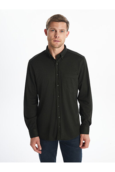 LC Waikiki LCWAIKIKI - Κλασικό ανδρικό πουκάμισο από χακί ποπλίνα, μακρυμάνικο, κανονική εφαρμογή