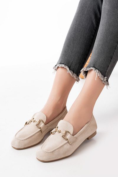 Moda Asmira 303 Beige Suede Casual Women's Ballerinas with Buckle Accessories