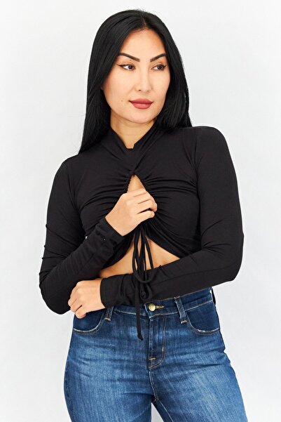 House Brand Women Mock Neck Long Sleeve Plain Crop Top, Black
