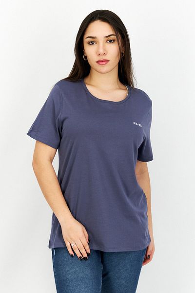 NA-KD Women Round Neck Short Sleeve Brand Logo T-shirt, Dusty Blue