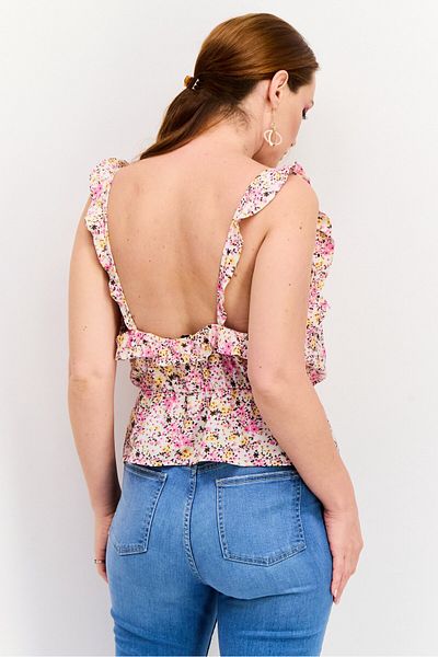 Reserved Women V Neck Sleeveless Floral Printed Tank Top, Pink Combo