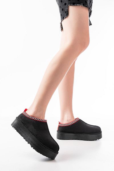 serkanseyyid Ndr-2888 Black Suede Fur Lined Winter Closed Toe Women's Casual Slippers
