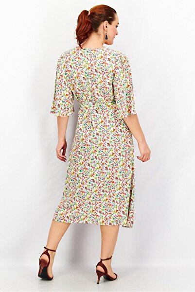 Tchibo Women Floral Print Belted Midi Dress, Green Combo