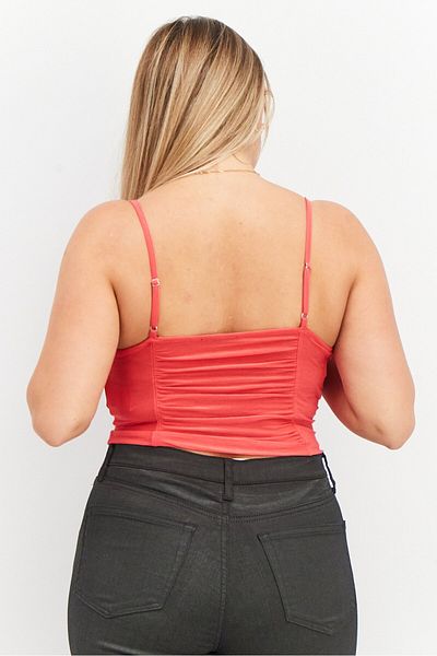 Sinsay Women V neck Sleeveless Solid Ruched Top, Dark Pink