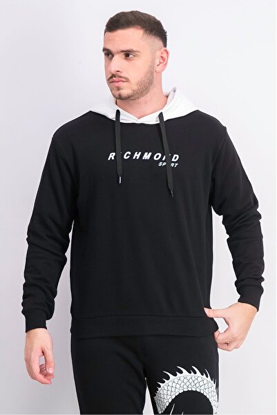 John Richmond سويت شيرت رجالي مطبوع بأكمام طويلة وغطاء للرأس، أسود