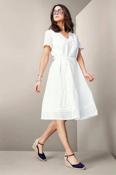 Tchibo Women Eyelet Belted Midi Dress, White